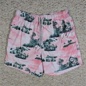 Ron Jon Endless Summer Swim Trunks Mens LARGE Lined Pink/Green Hawaiian Surf